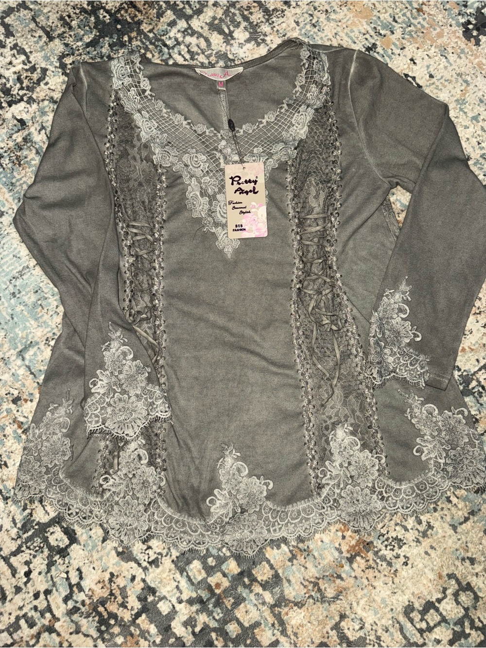 Pretty Angel Gray Lace-Accent Long Sleeve Tee